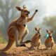 mom kangaroo jumping for joy with her babies in the background on their phones sad and the baby kangaroos are sad.