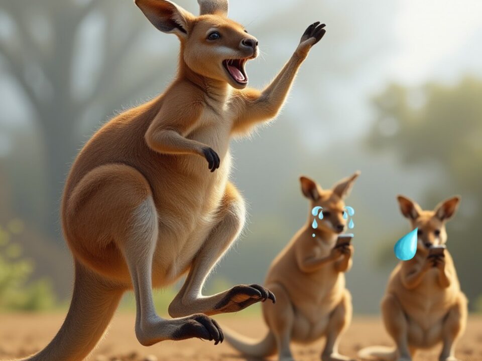 mom kangaroo jumping for joy with her babies in the background on their phones sad and the baby kangaroos are sad.